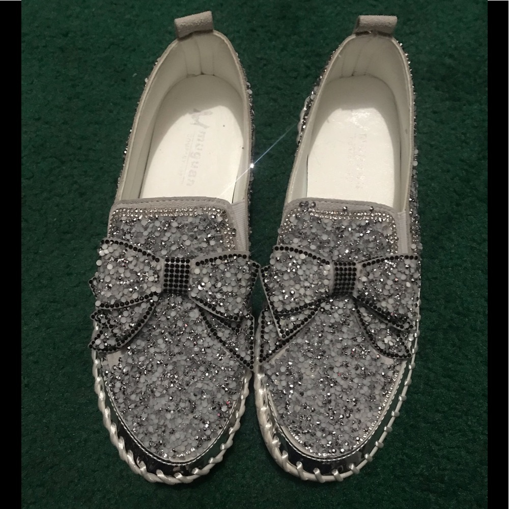 Sparkle Bow Embellished Silver Flats